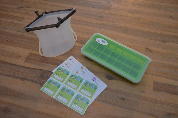 Odd Pod - Baby food prep pod includes a reusable silicone bag, a silicone baby food tray with lid and labels for baby food storage.