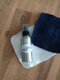 Aluminium Spray Mist bottle with cap, in 100 ml size, featured with a white and blue reusable baby wipe.