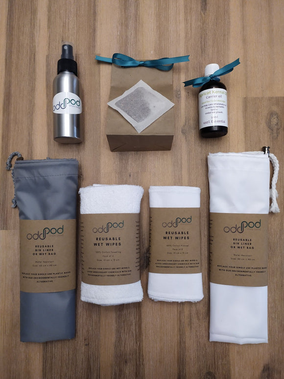 Odd Pod Baby Wipe Pod - Premium, includes two packs of 8 reusable baby wipes in a cotton towelling and flannel option, two reusable bin liner bags and spray bottles to hold the Apricot Kernel Oil and Rooibos tea solution.