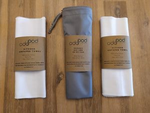 Odd Pod Kitchen Unpaper Towel Pod that contains two packs of 8 reusable flannel wipes in white and one reusable and washable bin liner wet bag in grey. The bag is used for storing the used wipes.