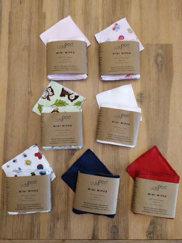 Odd Pod Reusable Mini Wipes, made from 100% cotton towelling or cotton flannel. Perfect replacement for standard cotton wool or wet wipes.