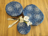 Odd Pod dish covers in set of three, made from 100% cotton in a denim blue design with white flowers.