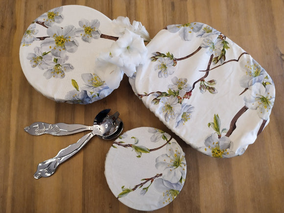 Lovely cotton dish or bowl covers in set of three in a green and white cherry blossom design