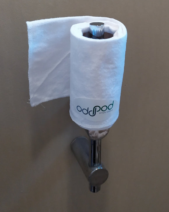 Odd Pod PP Paper in white flannel displayed on a toilet roll holder in bathroom.