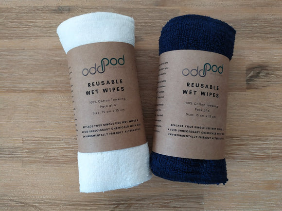 Odd Pod Reusable Baby Wipes in blue and white cotton towelling, rolled up in pack of eight.