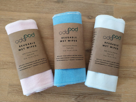 Odd Pod Reusable Baby Wipe in soft blue, pink and white colour option in cotton flannel fabric.